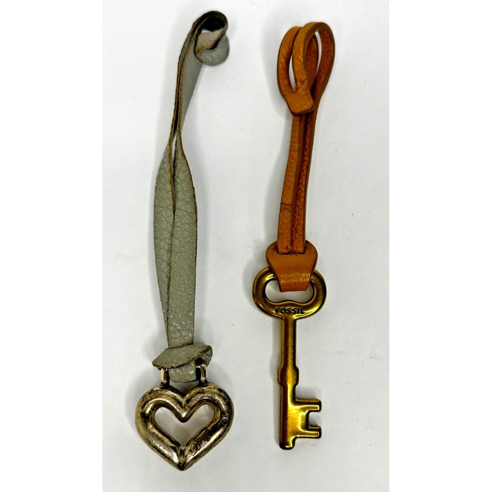 Brighton Silver Fossil Brown Leather Purse fob Key Heart Charms Set 2
